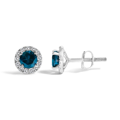 .925 Sterling Silver 1.00 Cttw Blue Diamond Halo Stud Earring  DestGlow