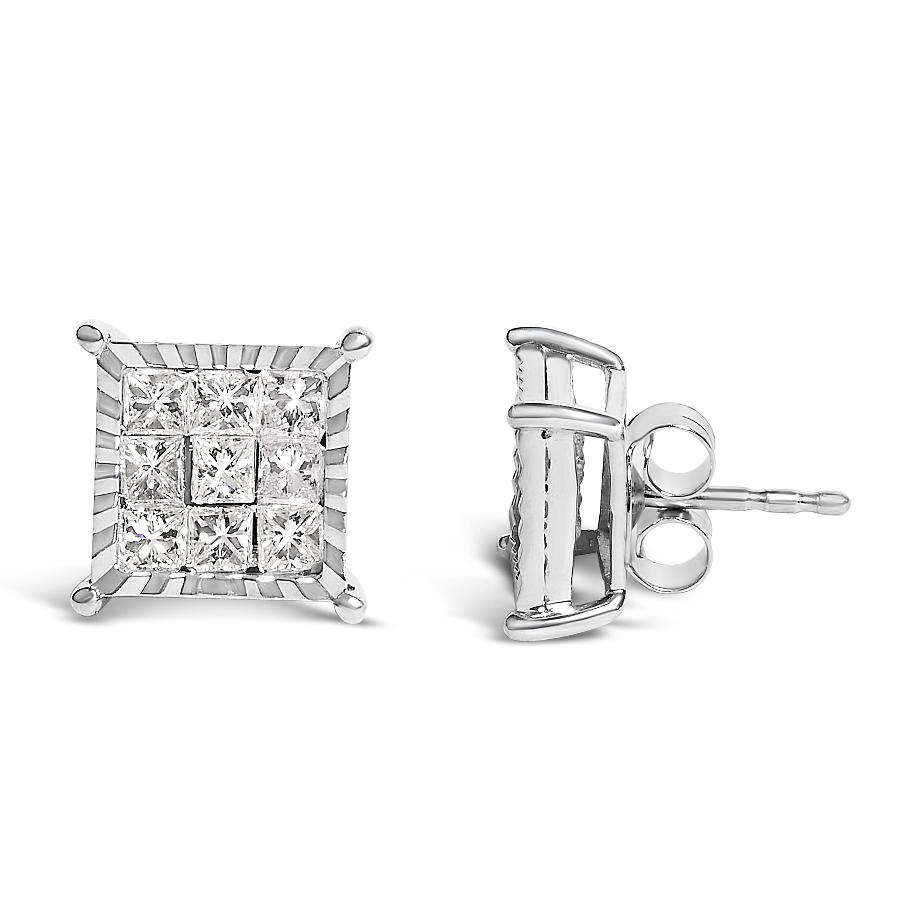 Sterling Silver 1.0 Cttw Princess Diamond Composite Square Stud Earrings by Bids.com