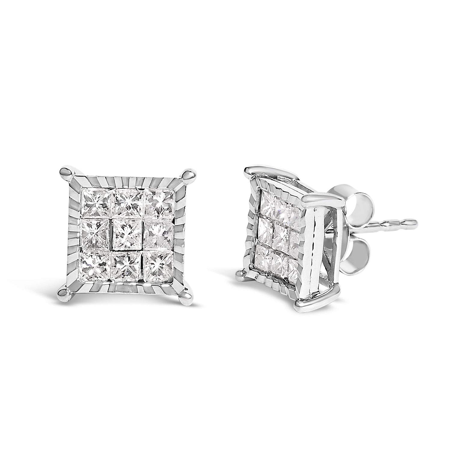 Sterling Silver 1.0 Cttw Princess Diamond Composite Square Stud Earrings by Bids.com