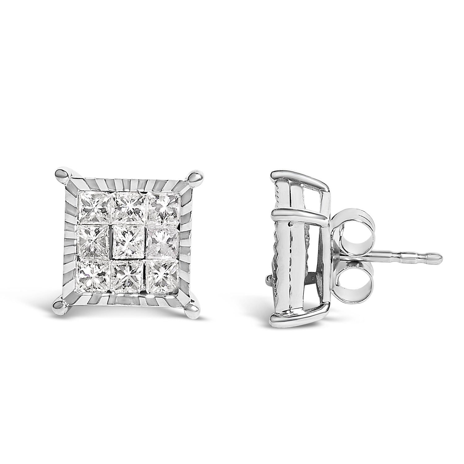 Sterling Silver 1.0 Cttw Princess Diamond Composite Square Stud Earrings by Bids.com