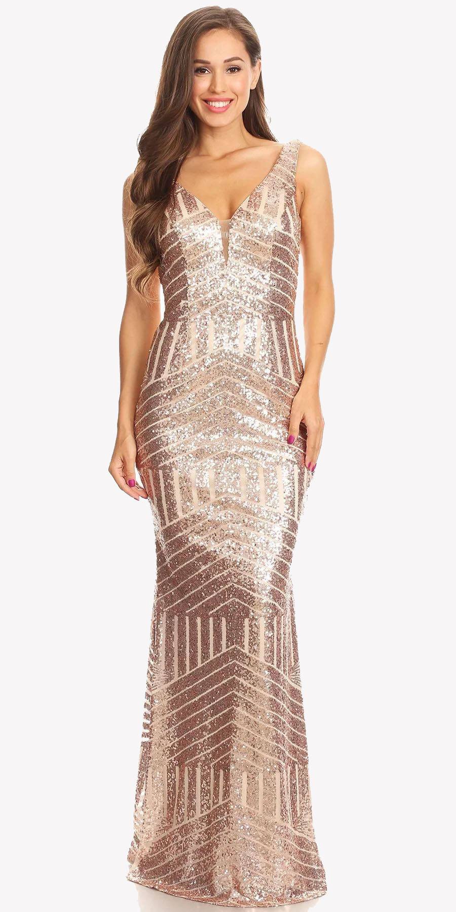 CLEARANCE - Eureka 7010 Floor Length Sequin Dress V-Neck with Sheer Inset (Size XS) by DiscountDressShop