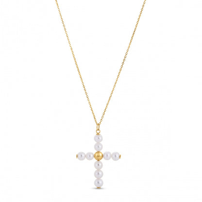 14k Yellow Gold Pearl Cross Pendant by Bids.com