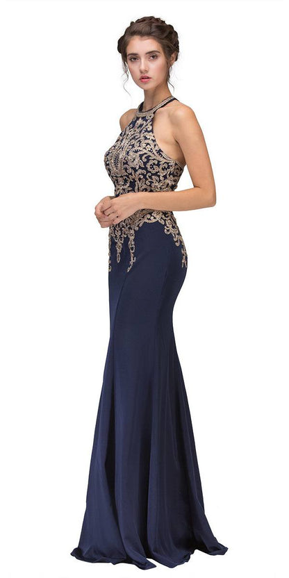 CLEARANCE - Eureka 7033 Embroidered Halter Mermaid Long Dress Racer Back (Size Small) by DiscountDressShop