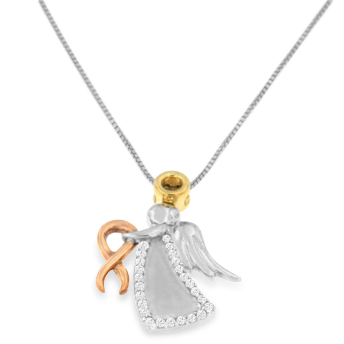 10K Tri-Color Gold Diamond-Accented Angel Awareness Ribbon Pendant Necklace (H-I Color, I1-I2 Clarity) by Bids.com