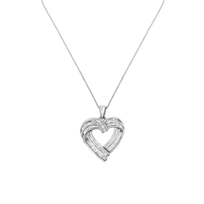 Sterling Silver 7/8 cttw Baguette Diamond Heart Pendant Necklace (I-J, I2-I3) by Bids.com