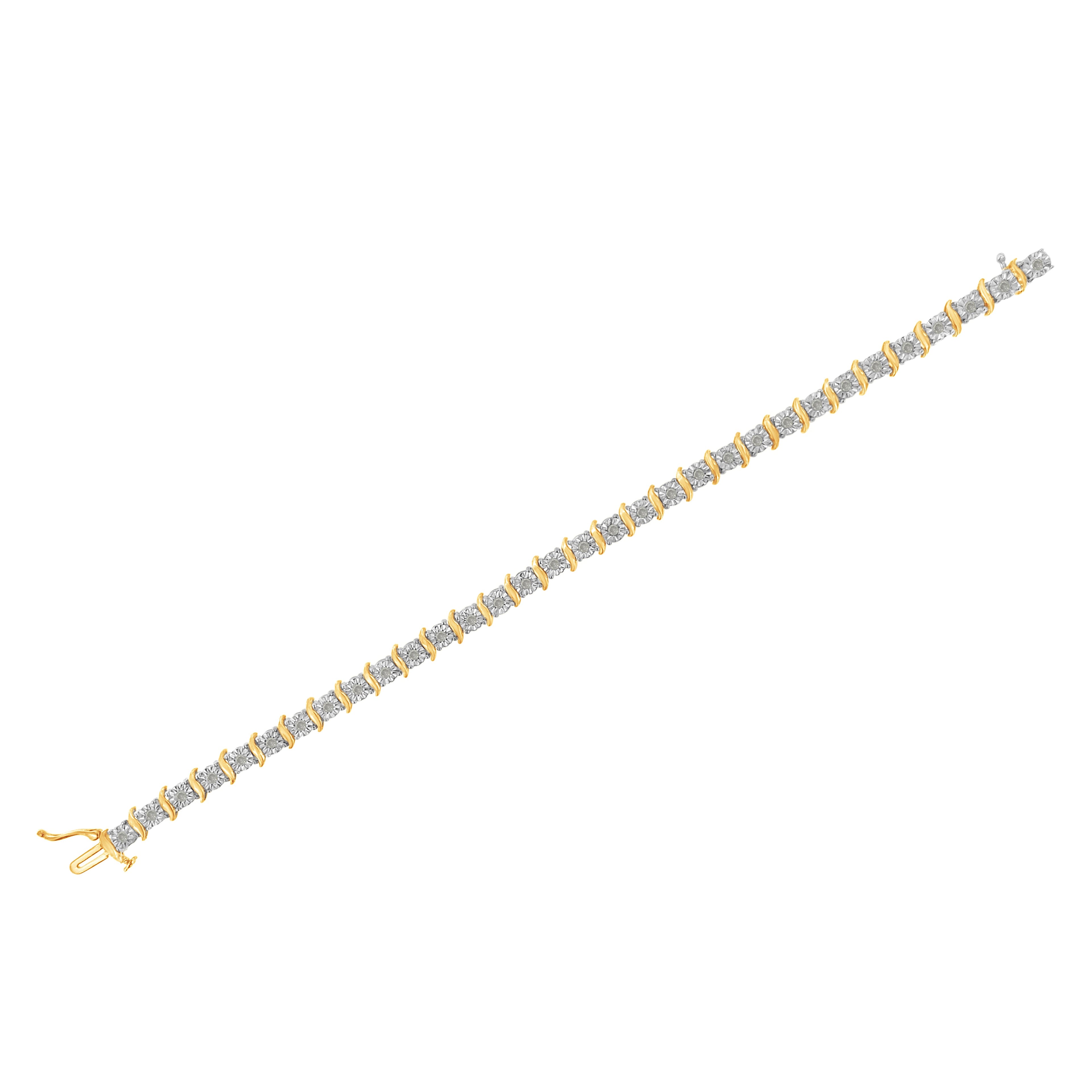 Two-Tone 10K Yellow Gold over .925 Sterling Silver 1.0 Cttw Diamond S-Curve Link Miracle-Set Tennis Bracelet (I-J Color, I3 Clarity) - 7" by Bids.com