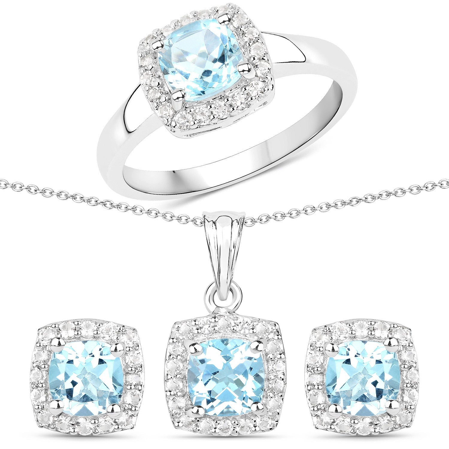 4.62 Carat Genuine Blue Topaz and White Topaz .925 Sterling Silver 3 Piece Jewelry Set (Ring, Earrings, and Pendant w/ Chain) by Bids.com