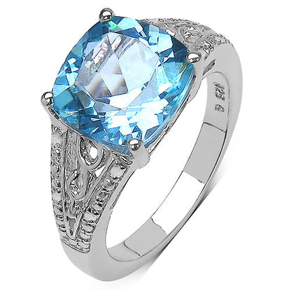 5.05 Carat Genuine Blue Topaz and 0.05 ct.t.w Genuine Diamond Accents Sterling Silver Ring by Bids.com