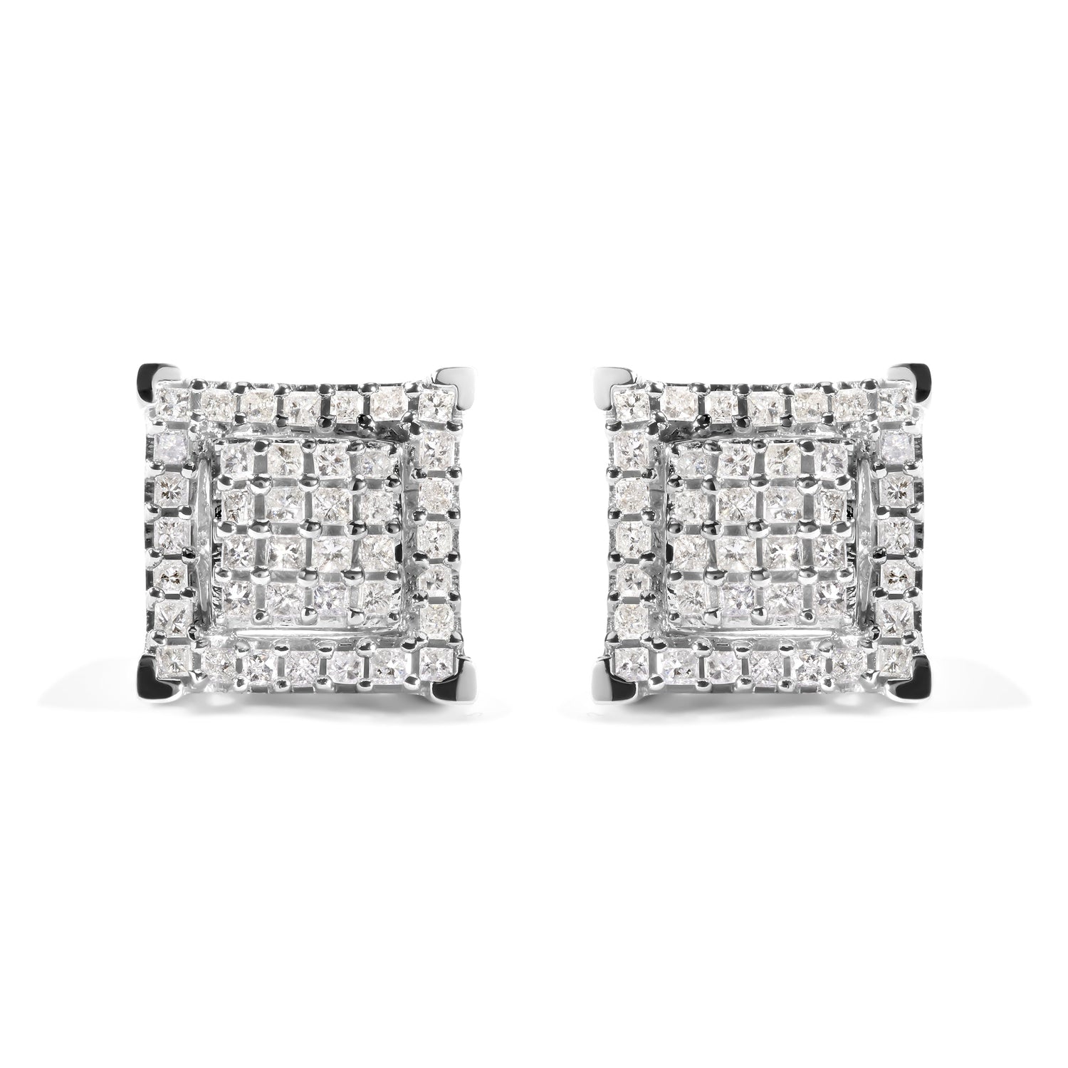 10K White Gold 1 1/4 Cttw Princess Diamond Composite Double Square and Halo Stud Earrings (I-J Color, I1-I2 Clarity) by Bids.com