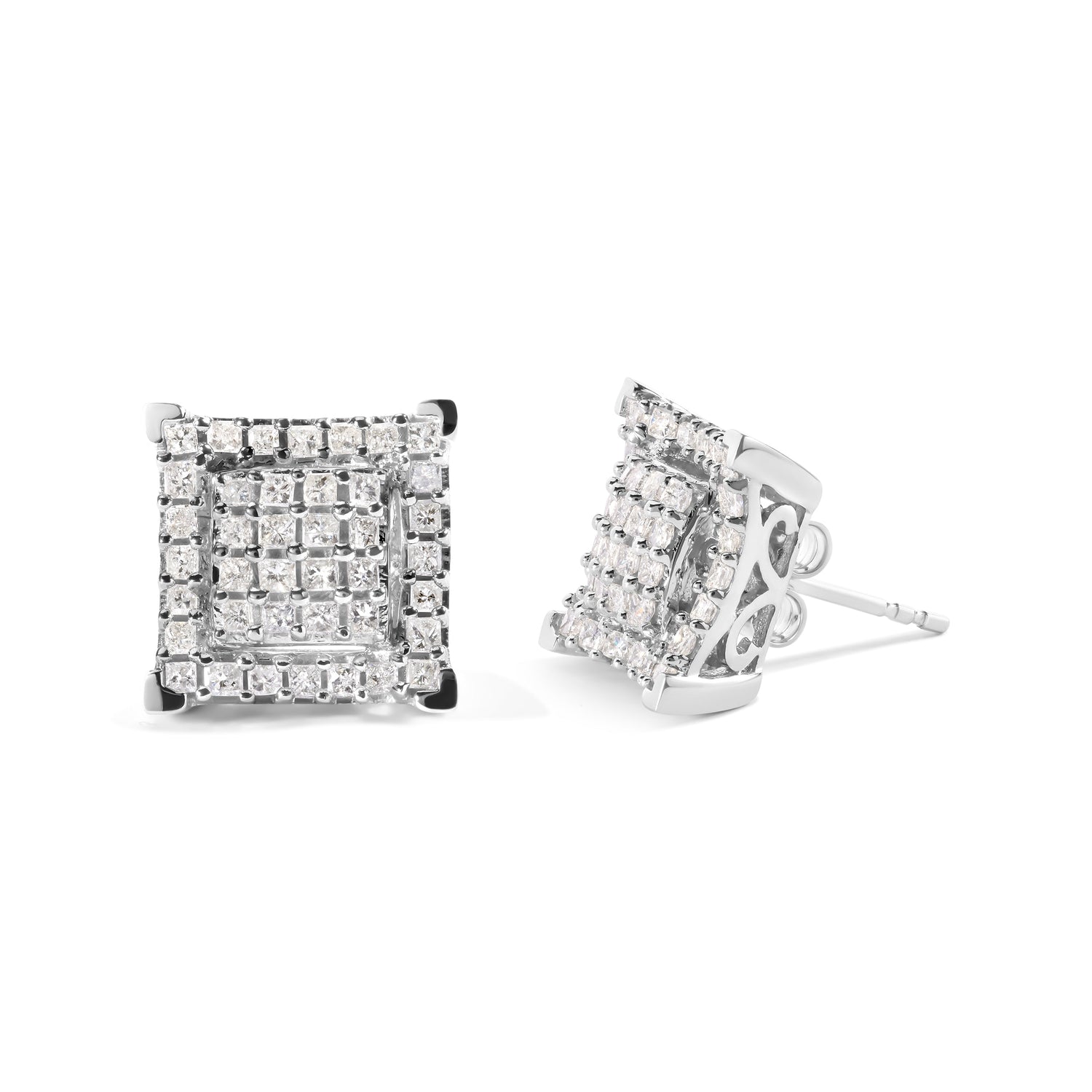 10K White Gold 1 1/4 Cttw Princess Diamond Composite Double Square and Halo Stud Earrings (I-J Color, I1-I2 Clarity) by Bids.com