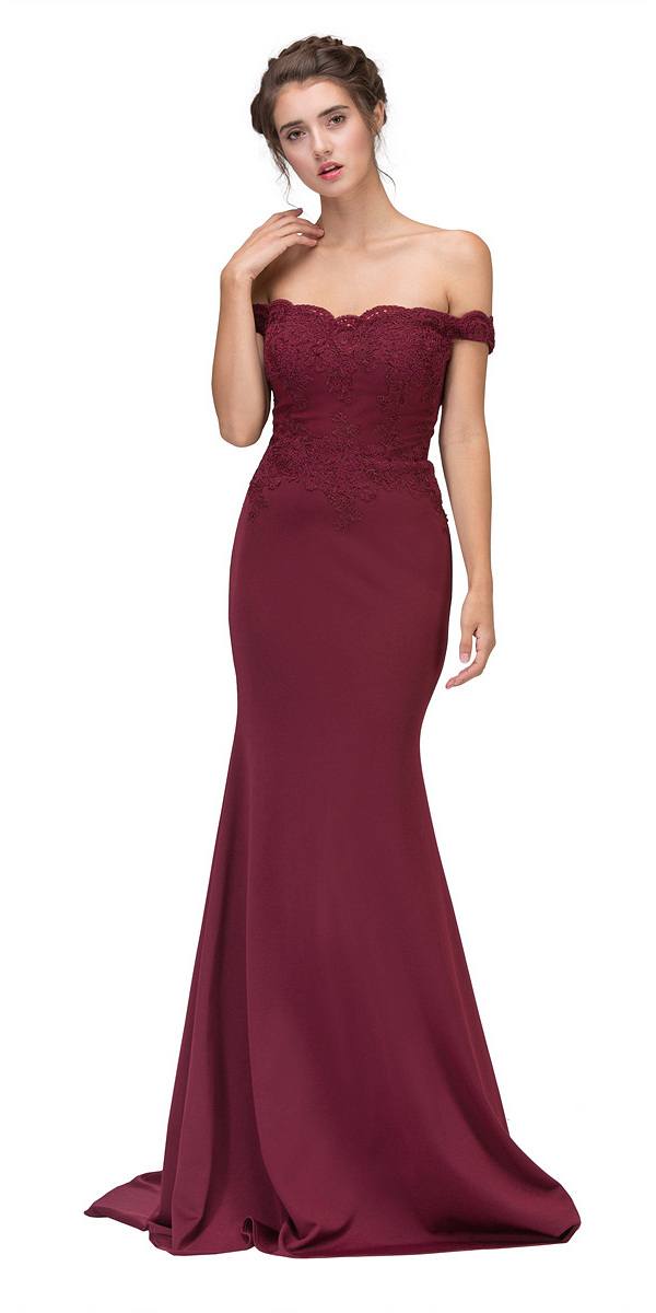 CLEARANCE - Eureka 7100 Lace Appliqued Bodice Long Dress Off-Shoulder (Size S) by DiscountDressShop