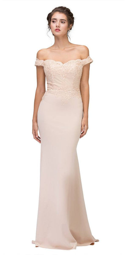 CLEARANCE - Eureka 7100 Lace Appliqued Bodice Long Dress Off-Shoulder (Size S) by DiscountDressShop