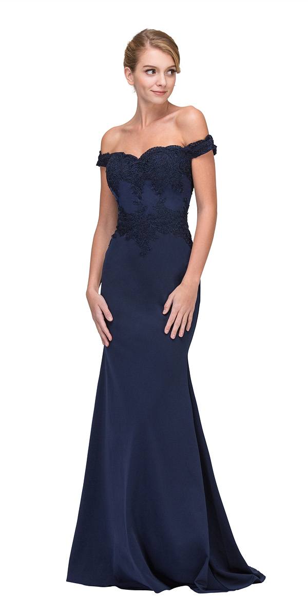 CLEARANCE - Eureka 7100 Lace Appliqued Bodice Long Dress Off-Shoulder (Size S) by DiscountDressShop