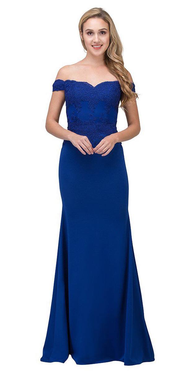 CLEARANCE - Eureka 7100 Lace Appliqued Bodice Long Dress Off-Shoulder (Size S) by DiscountDressShop