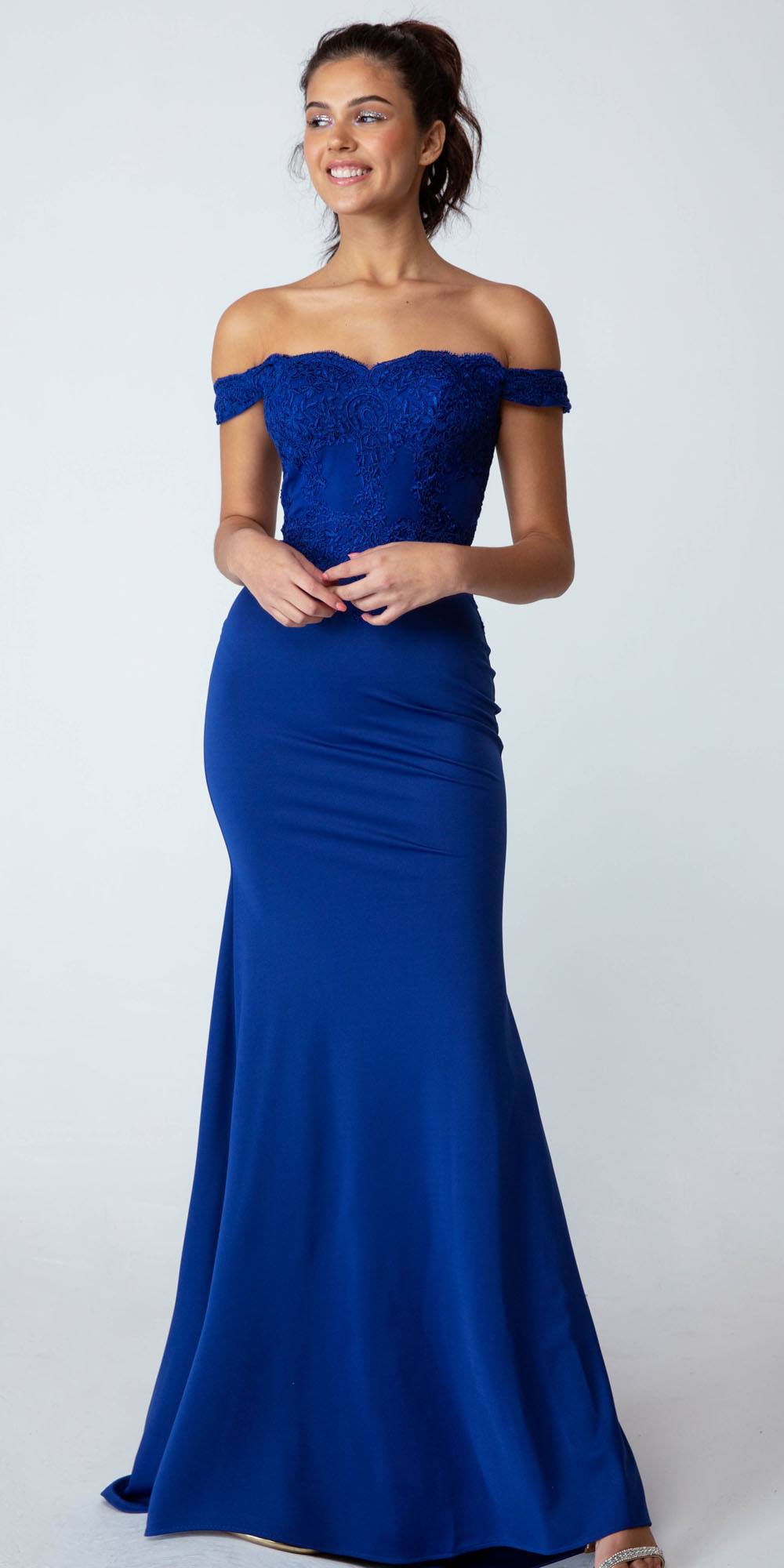 CLEARANCE - Eureka 7100 Lace Appliqued Bodice Long Dress Off-Shoulder (Size S) by DiscountDressShop