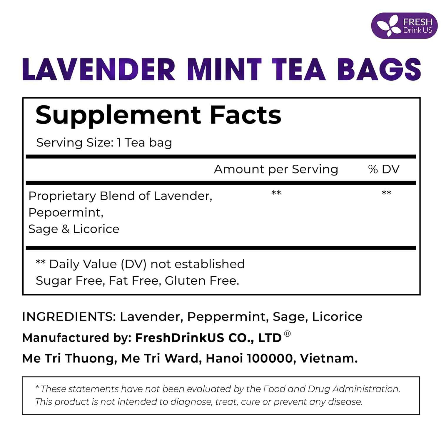 Premium Lavender Mint Tea Bags. 100% Natural, Blend of Lavender, Peppermint, Sage and Licorice.
