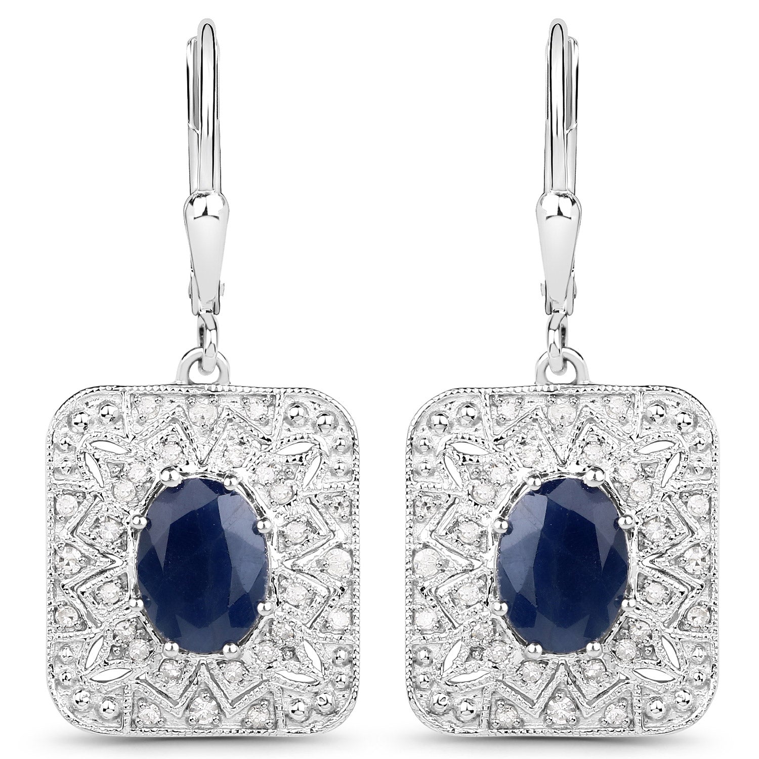 3.36 Carat Genuine Blue Sapphire and White Diamond .925 Sterling Silver Earrings  DestGlow