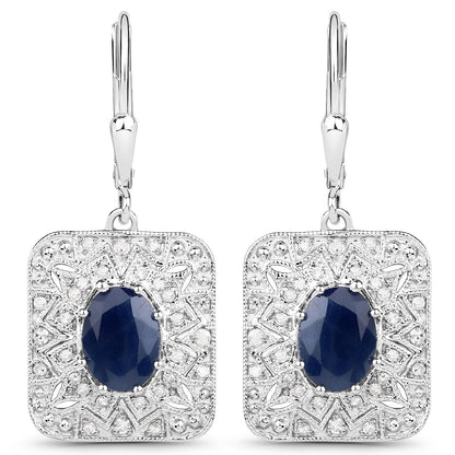 3.36 Carat Genuine Blue Sapphire and White Diamond .925 Sterling Silver Earrings  DestGlow