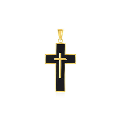 Cross Pendant with Black Enamel in 14k Yellow Gold  DestGlow
