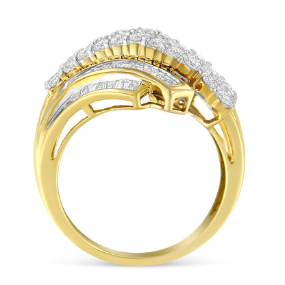 10K Yellow Gold 1.0 Cttw Round &amp; Baguette Cut Diamond 64 Stone Bypass Style Channel Set Modern Statement Ring (H-I Color, SI1-SI2 Clarity) - Size 6 by Bids.com
