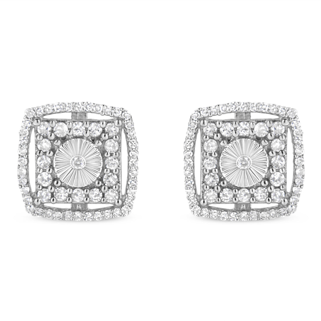 .925 Sterling Silver 1.0 Cttw Round Diamond Double Halo and Disc Stud Earring (I-J Color, I2-I3 Clarity) by Bids.com