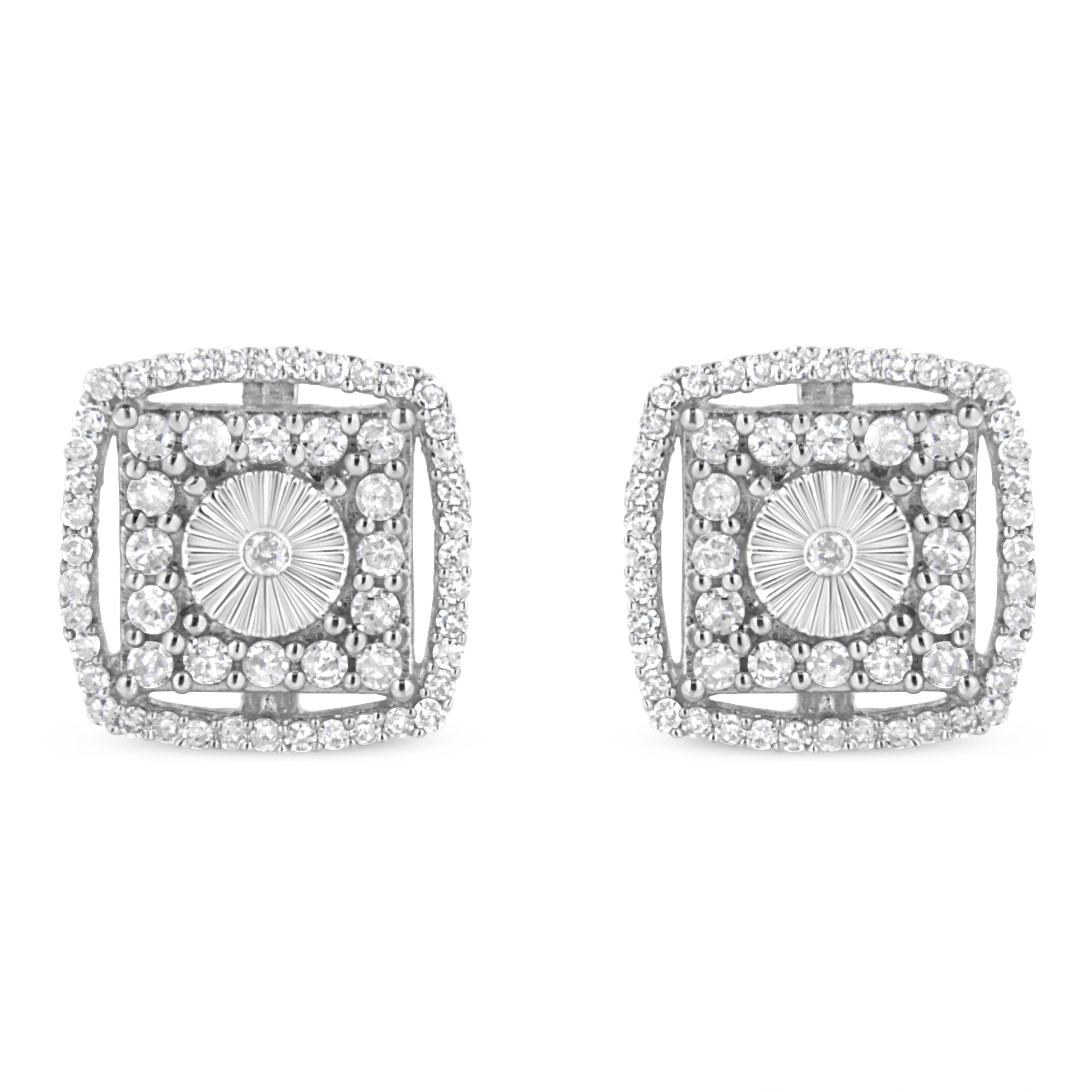 .925 Sterling Silver 1.0 Cttw Round Diamond Double Halo and Disc Stud Earring (I-J Color, I2-I3 Clarity) by Bids.com