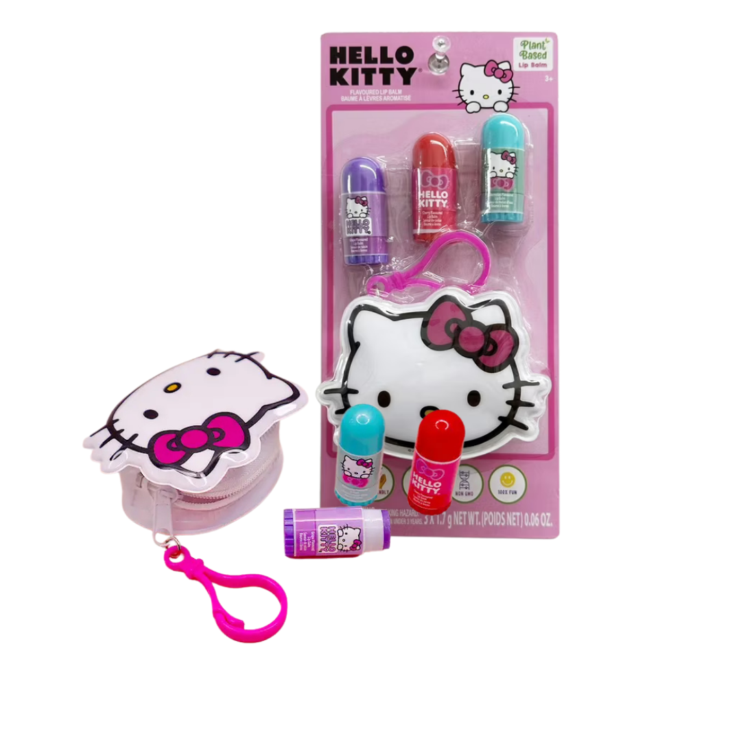 Hello Kitty Flavored Lip Balm Set with Coin Pouch (3 Pack) by Farmacias Savia