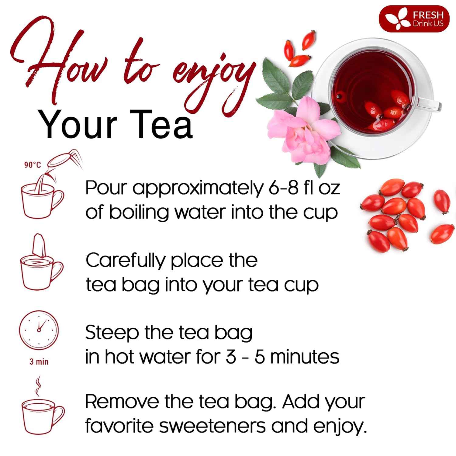 Premium Rosehip Tea Bags, 100% Natural &amp; Pure from Rose Hip Fruits.