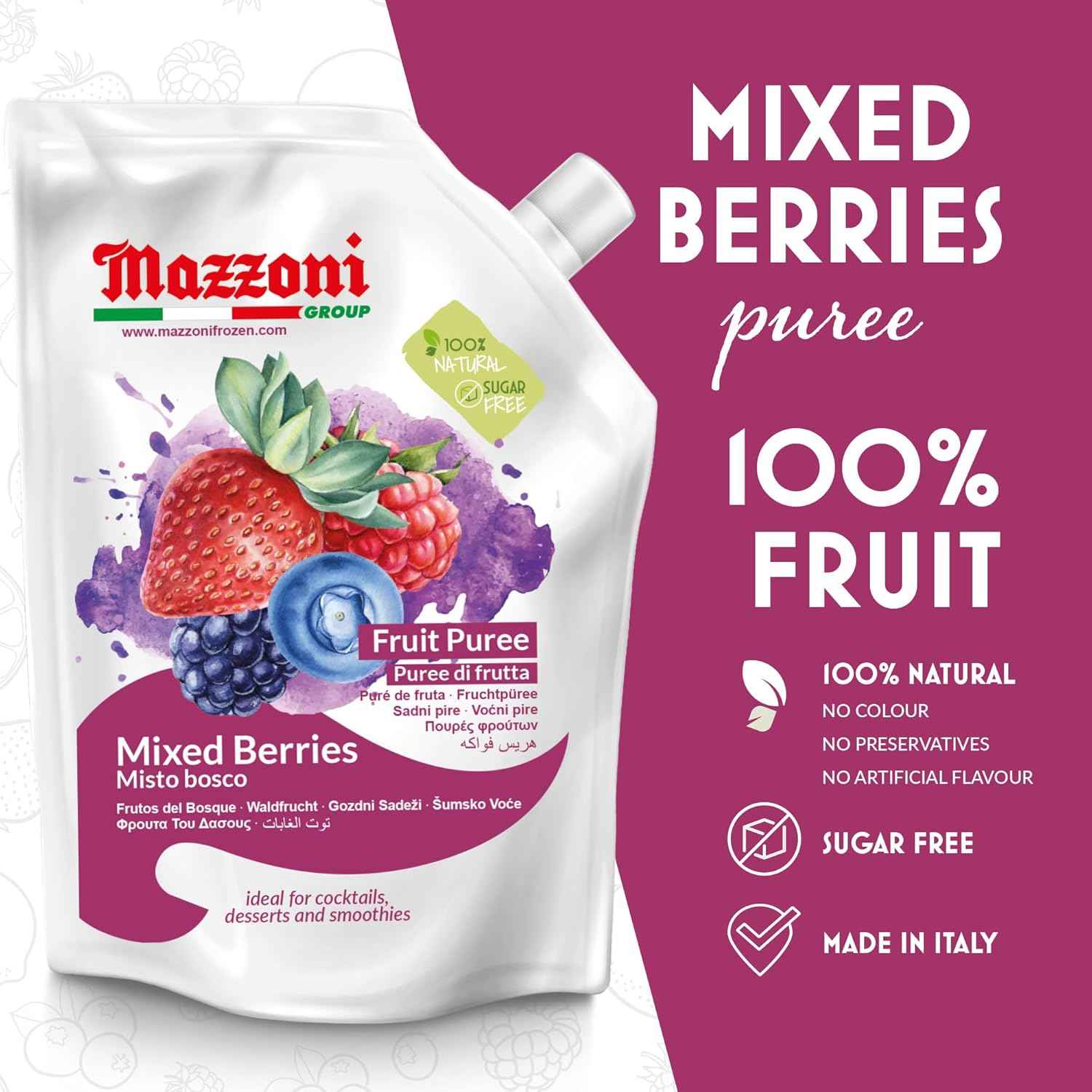 Mazzoni, Forest Berries Puree, 100% Pure Forest Berries, Just Fruit, No Sugar Added, 2.2 lb