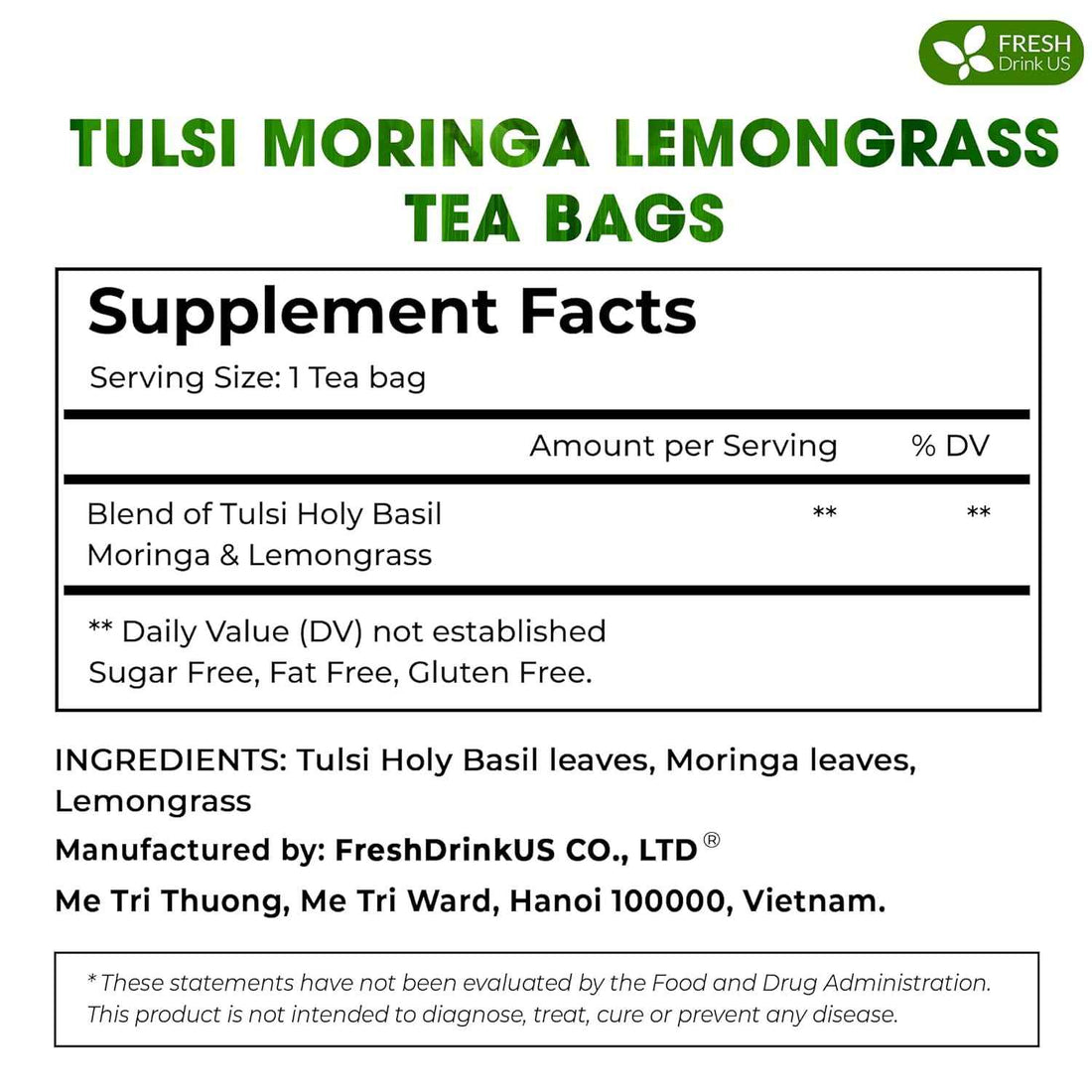 Premium Tulsi Moringa Lemongrass  Tea Bags, 100% Natural &amp; Pure from Tulsi Holy Basil Leaves, Moringa &amp; Lemongrass.