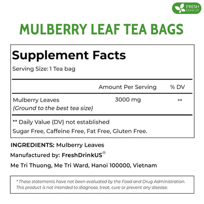 Premium Mulberry Leaf Tea Bags. No Sugar, No Caffeine, No Gluten, Vegan.