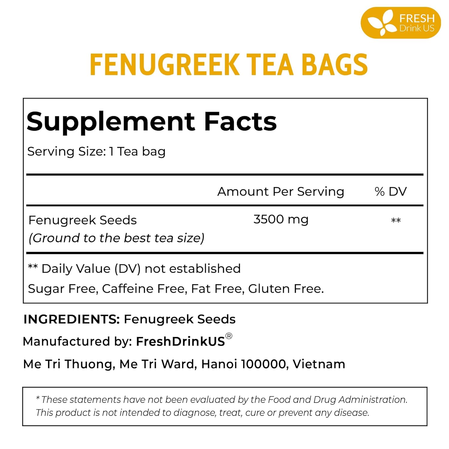 Premium Fenugreek Tea Bags. No Sugar, No Caffeine, No Gluten, Vegan. (30 Tea Bags)