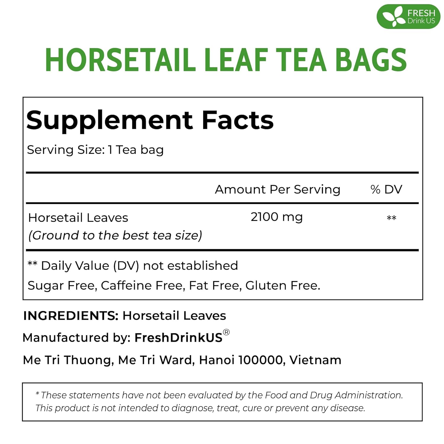 Premium Horsetail Leaf Tea Bags, 100% Natural &amp; Pure from Horsetail Loose Leaves Herbal Tea. No Sugar, No Caffeine, No Gluten, Vegan.