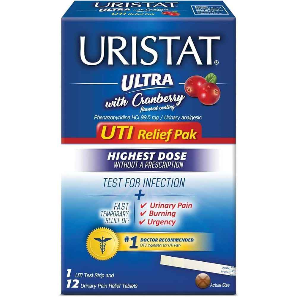 Uristat Ultra UTI Relief Pack – 12 Pain Relief Tablets + 1 Test Strip Kit