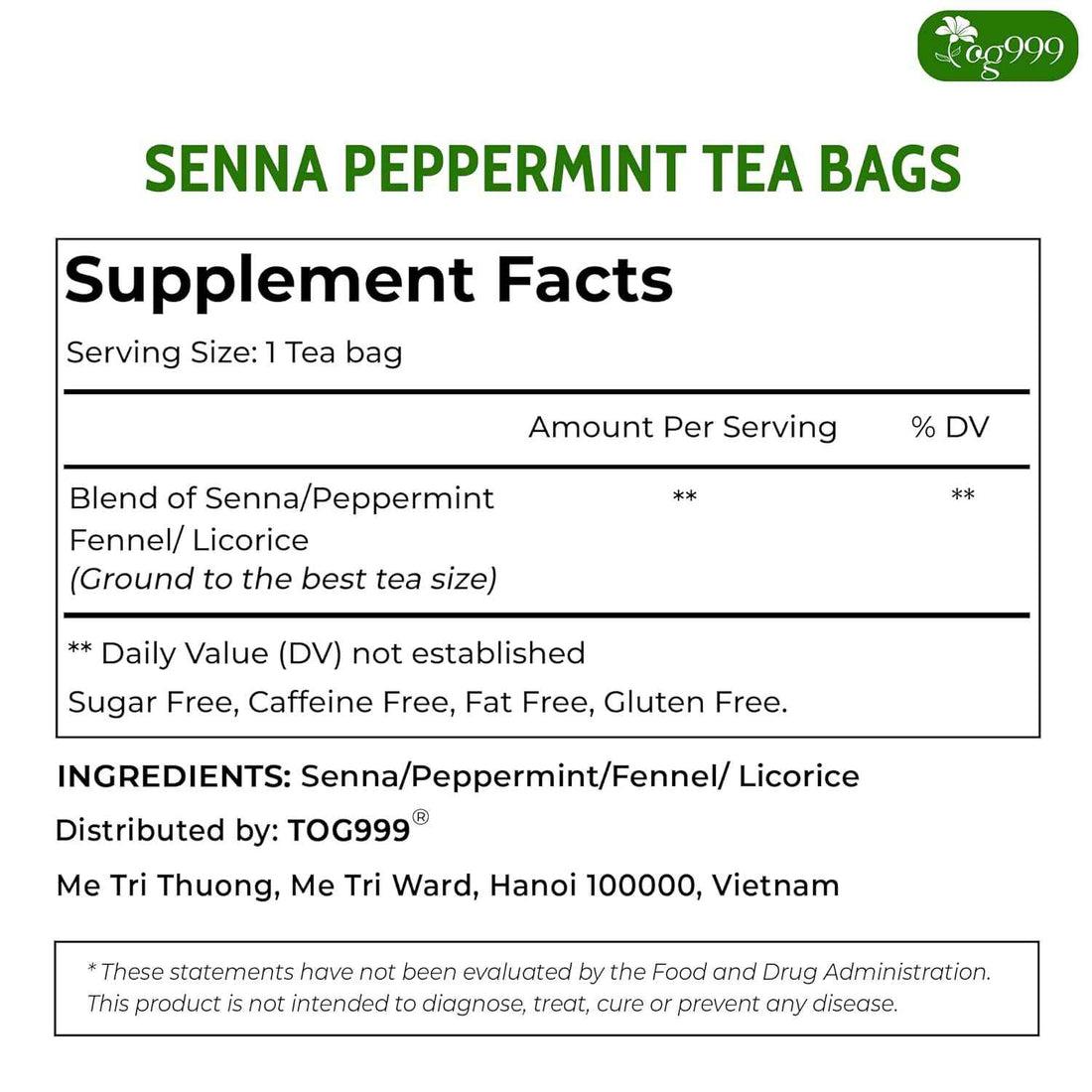 Premium Senna Peppermint Tea Bags. Relieves Constipation Natural Tea