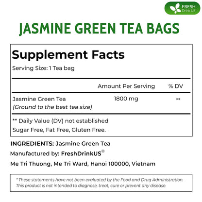 Premium Jasmine Green Tea Bags. Jasmine Green Herbal Tea. Made with Natural Material Tea Bags. No Sugar, No Gluten, Vegan.