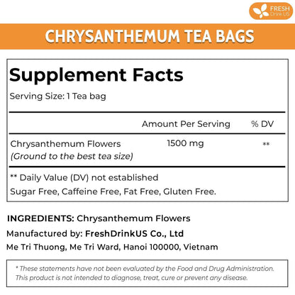 Premium Chrysanthemum Flower Tea Bags. Chrysanthemum Flower Herbal Tea. No Sugar, No Caffeine, No Gluten, Vegan.