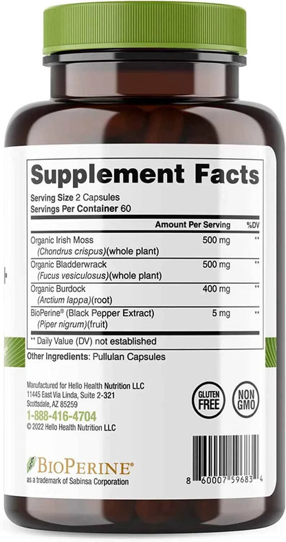 Organic Irish Sea Moss, Organic Bladderwrack, Organic Burdock &amp; Bioperine capsules