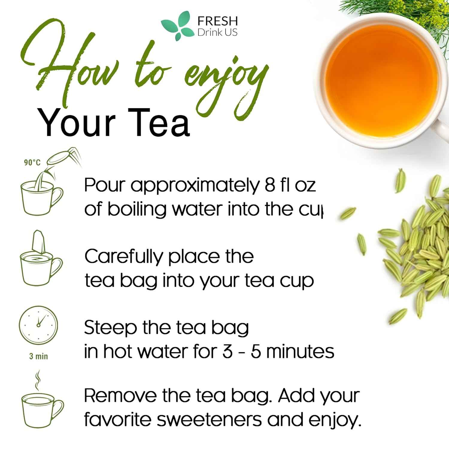 Premium Fennel Tea Bags, 100% Natural &amp; Pure from Fennel Seeds. Fennel Seed Herbal Tea. Fennel Seed Tea. Made with Natural Material Tea Bags. No Sugar, No Caffeine, No Gluten, Vegan.