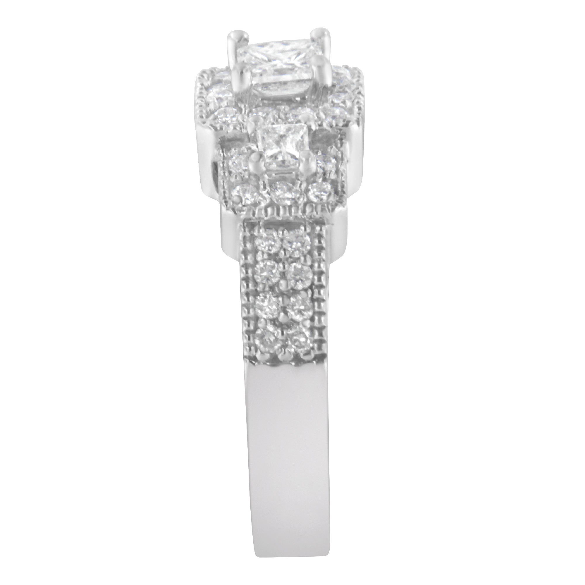 14K White Gold Round and Princess-Cut Diamond Three Stone Ring (1 Cttw, H-I Color, I1-I2 Clarity) - Size 7  DestGlow