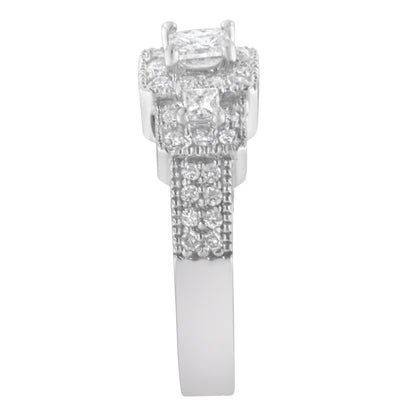14K White Gold Round and Princess-Cut Diamond Three Stone Ring (1 Cttw, H-I Color, I1-I2 Clarity) - Size 7  DestGlow