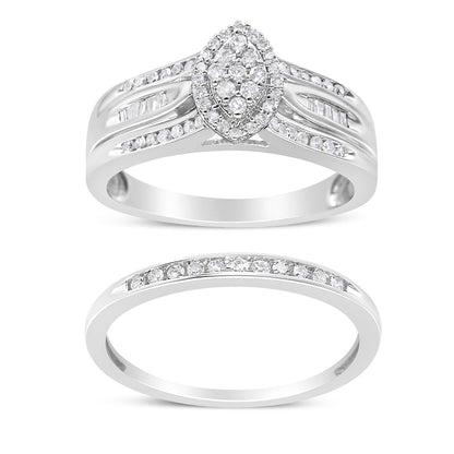 .925 Sterling Silver 1/2 Cttw Round and Baguette-Cut Diamond Engagement Bridal Set (I-J Color, I1-I2 Clarity) - Size 7  DestGlow