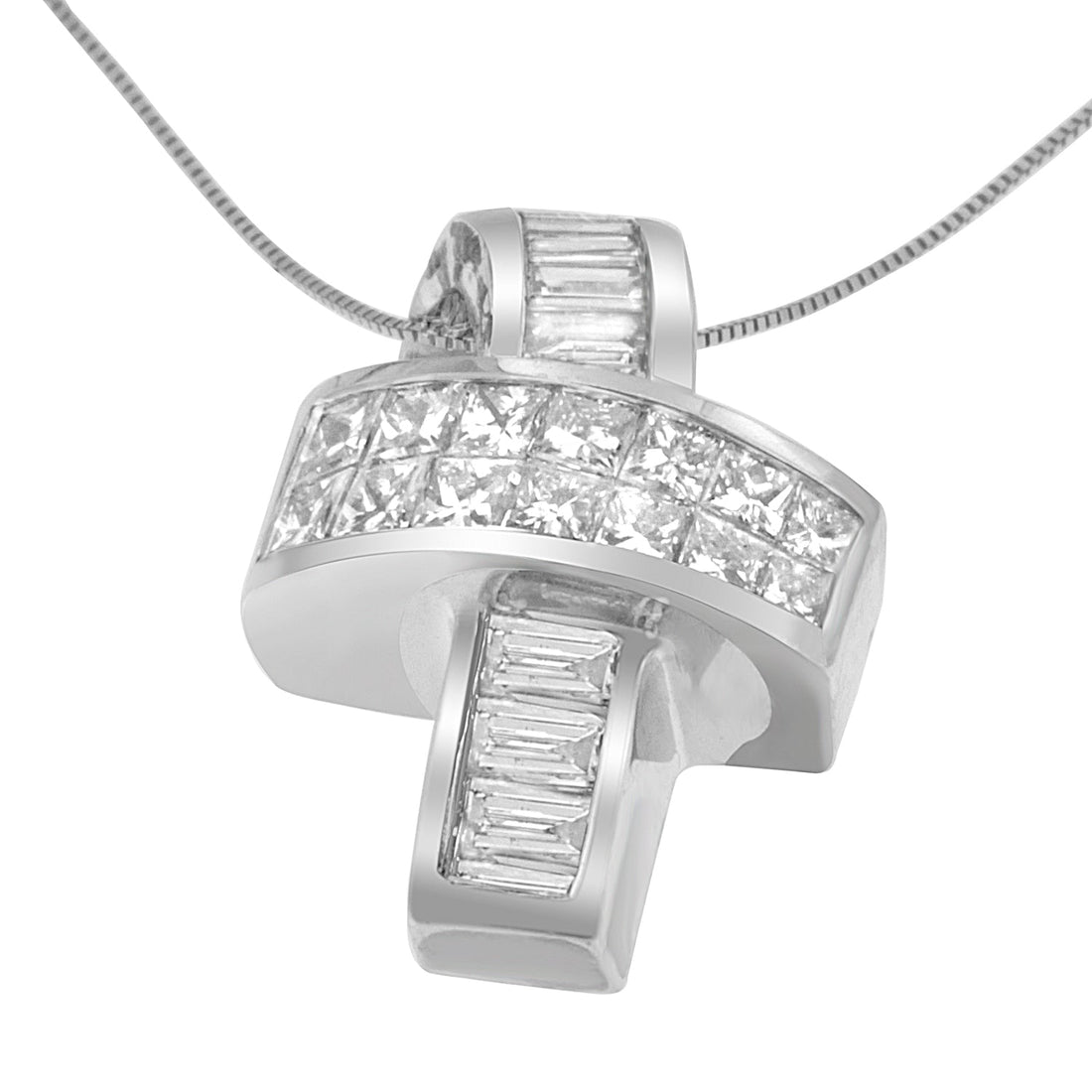 14K White Gold 2 cttw Princess and Baguette Cut Diamond Ribbon Pendant Necklace (H-I, SI-SI2) by Bids.com