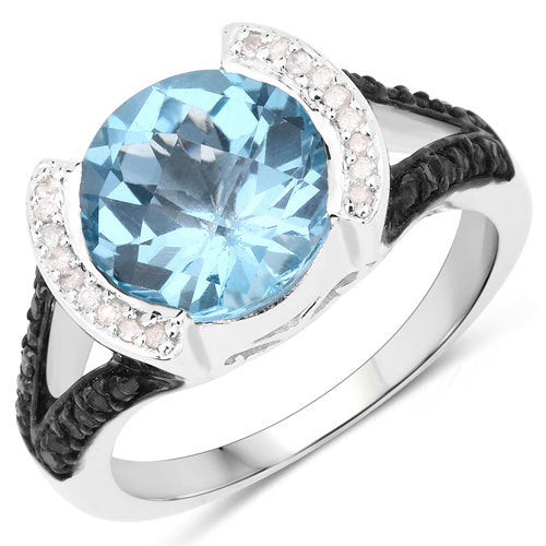 "4.99 Carat Genuine Swiss Blue Topaz, White Diamond and Black Diamond .925 Sterling Silver Ring by Bids.com