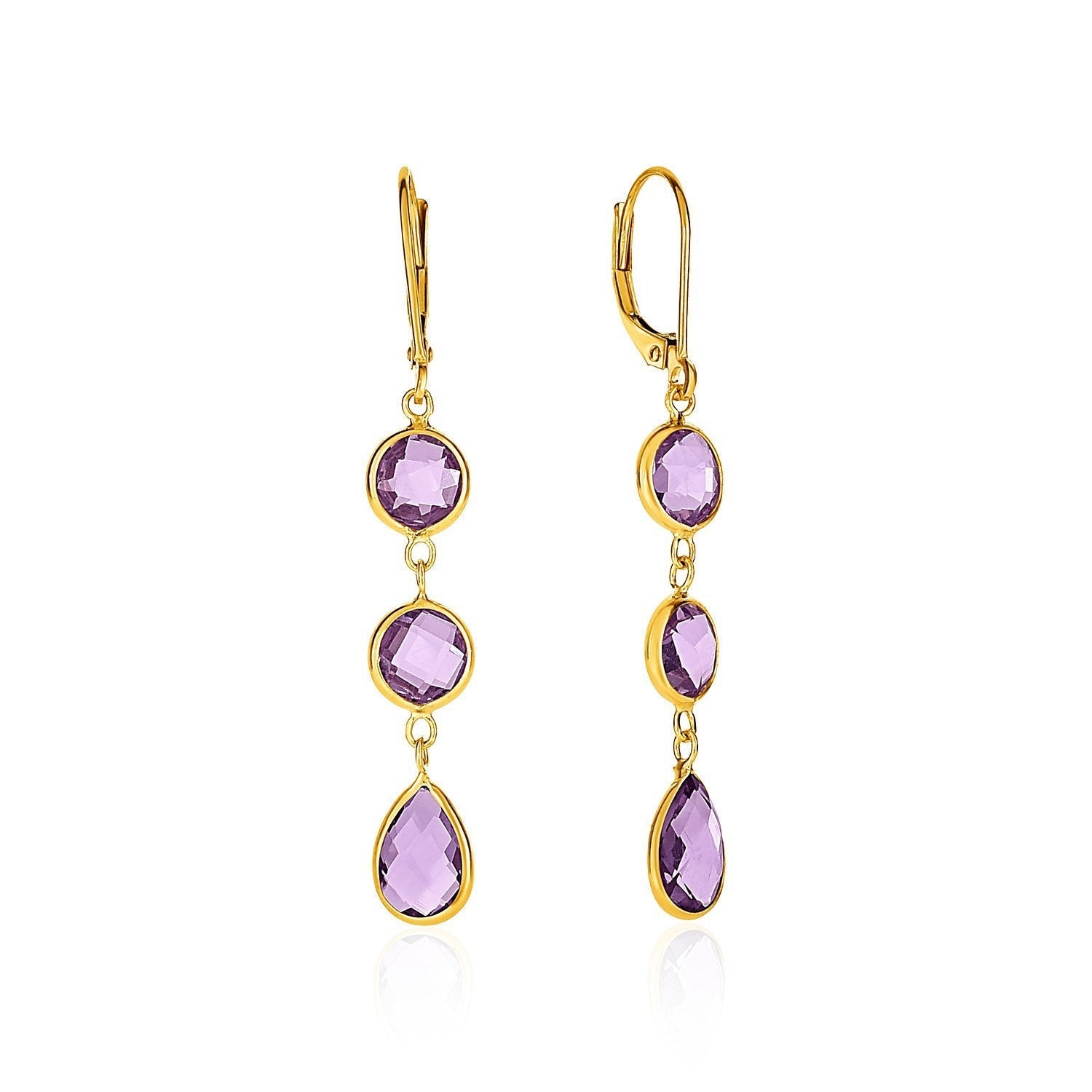 Drop Earrings with Round and Pear-Shaped Amethysts in 14k Yellow Gold  DestGlow