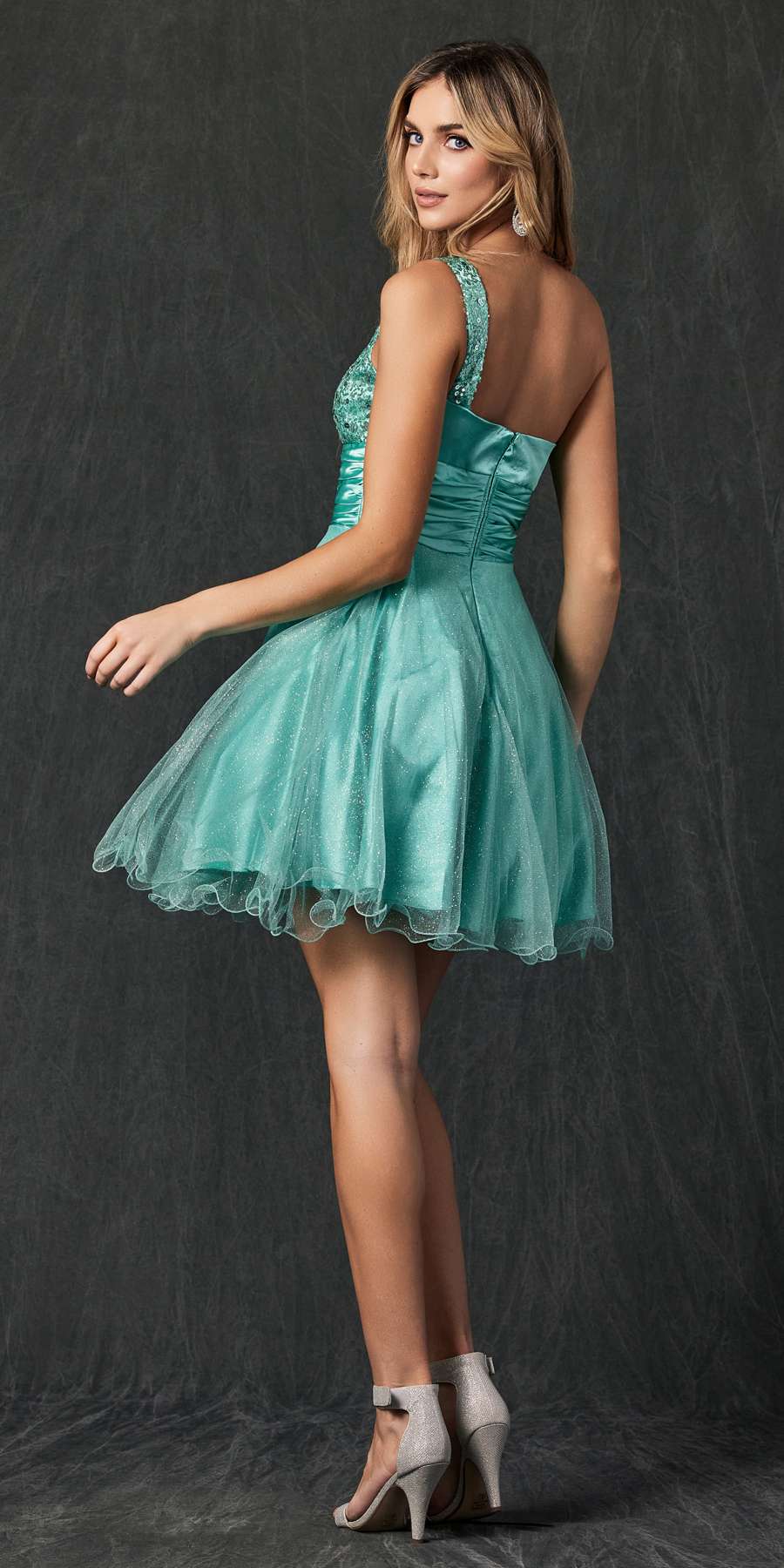 Juliet 733 One Shoulder Short Dress Sparkly Sequins Glitter Tulle Skirt by DiscountDressShop