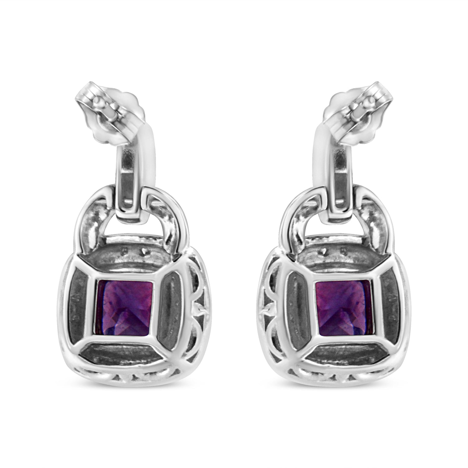 .925 Sterling Silver 8MM Natural Cushion Shaped Amethyst and Diamond Accent Halo with Push Back Dangle Earrings (I-J Color, I2-I3 Clarity) by Bids.com