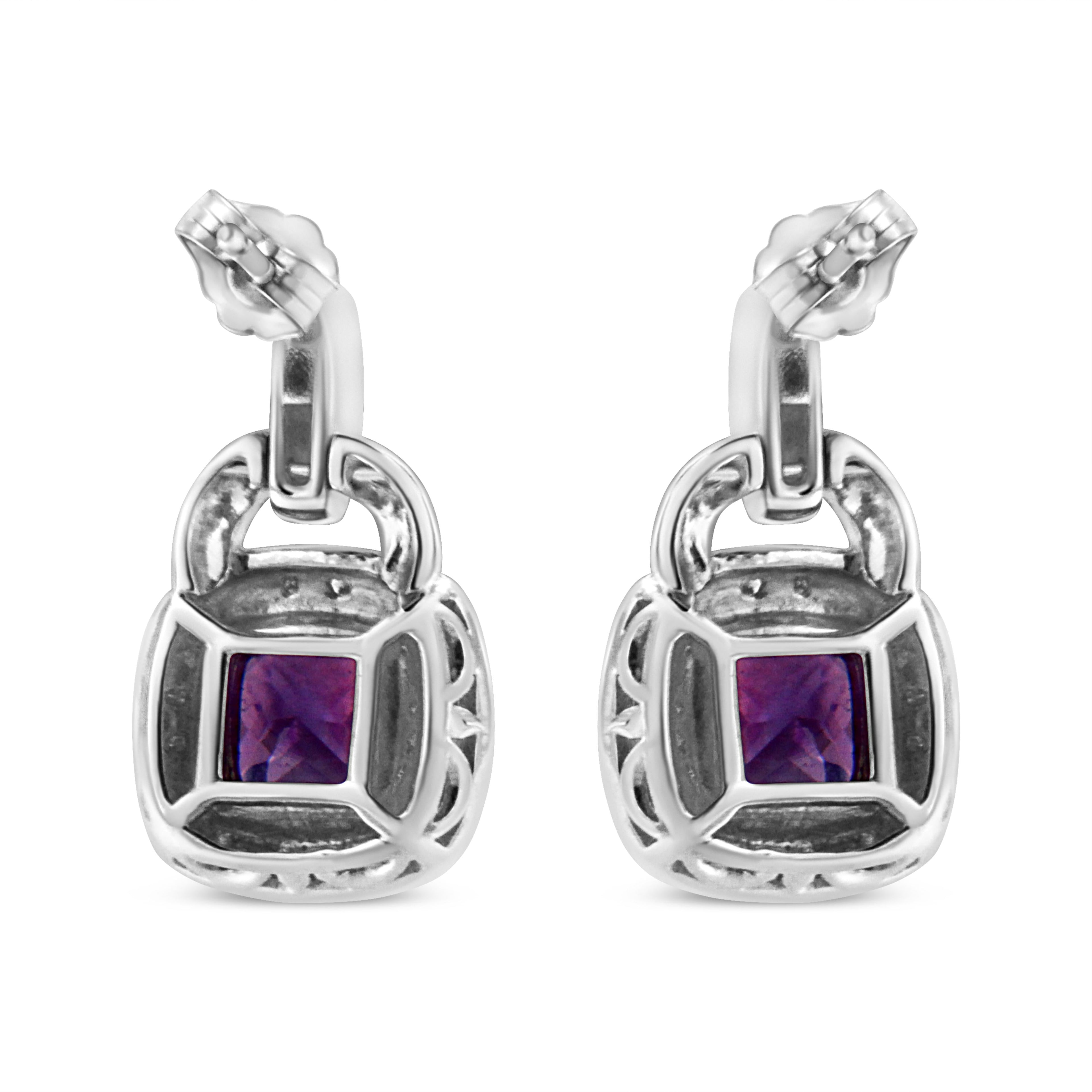 .925 Sterling Silver 8MM Natural Cushion Shaped Amethyst and Diamond Accent Halo with Push Back Dangle Earrings (I-J Color, I2-I3 Clarity) by Bids.com
