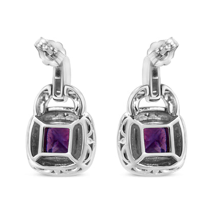 .925 Sterling Silver 8MM Natural Cushion Shaped Amethyst and Diamond Accent Halo with Push Back Dangle Earrings (I-J Color, I2-I3 Clarity) by Bids.com