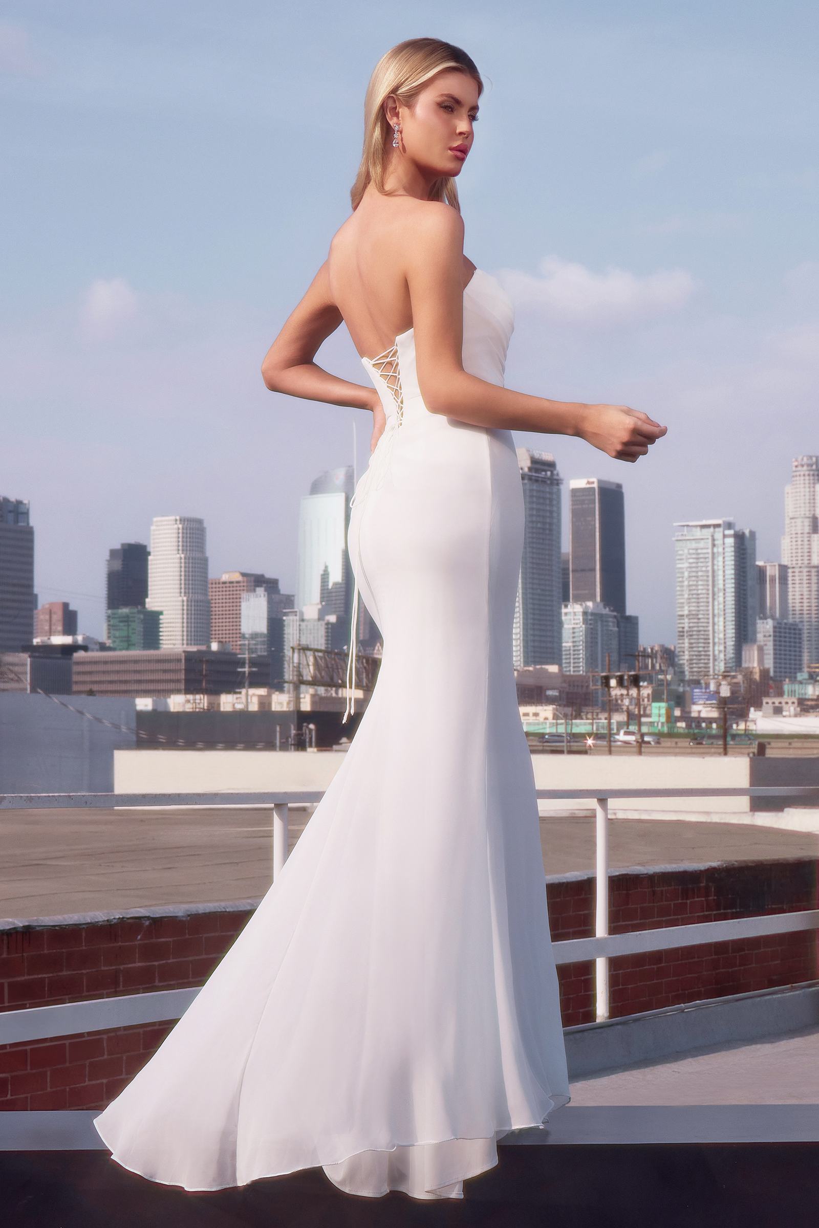 Ladivine 7434W Strapless Chiffon Fitted Off-White Dress by DiscountDressShop